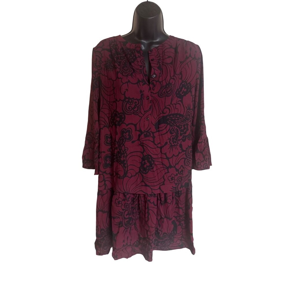 Loft Womens Floral Dress S Bohemian Style Burgundy & Black